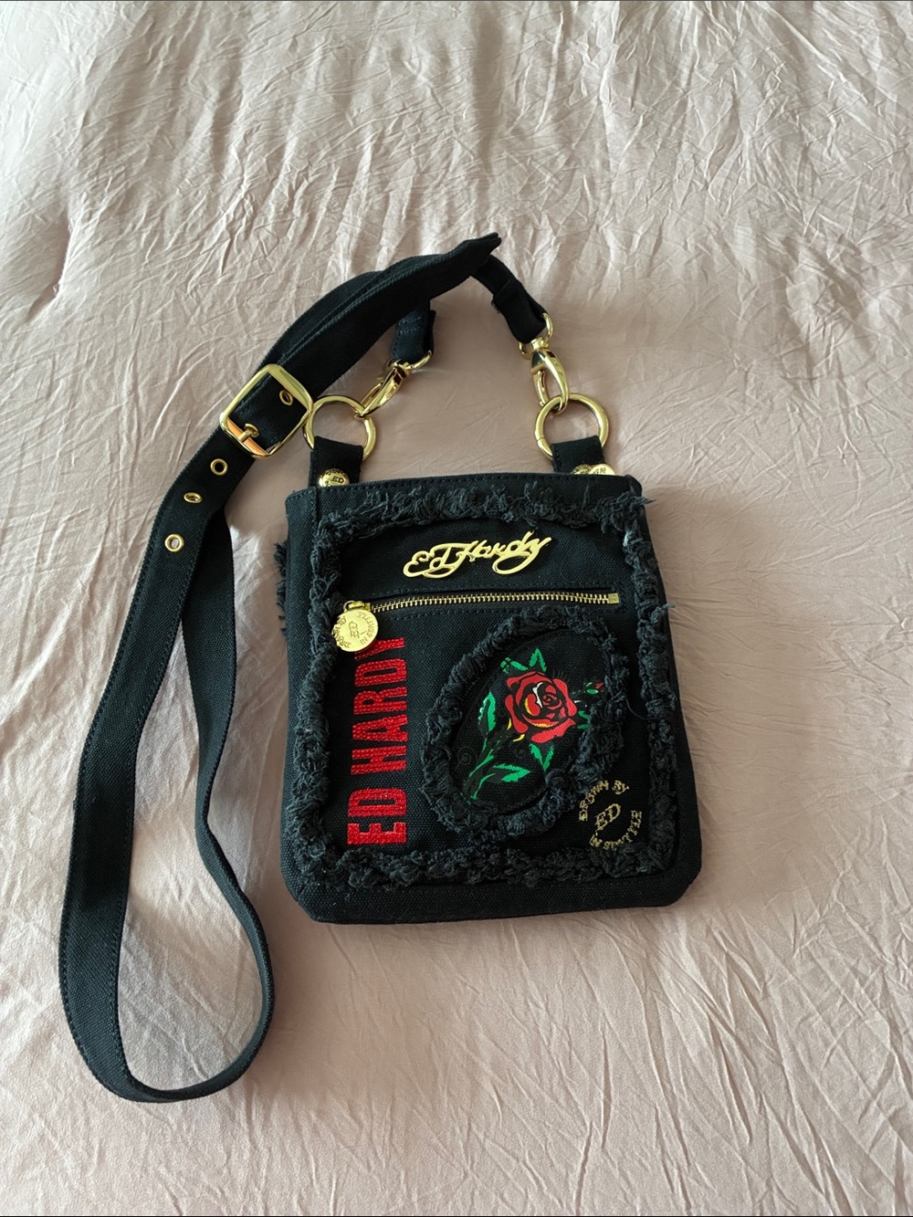 Ed Hardy Black Crossbody with Red Rose Embroidery